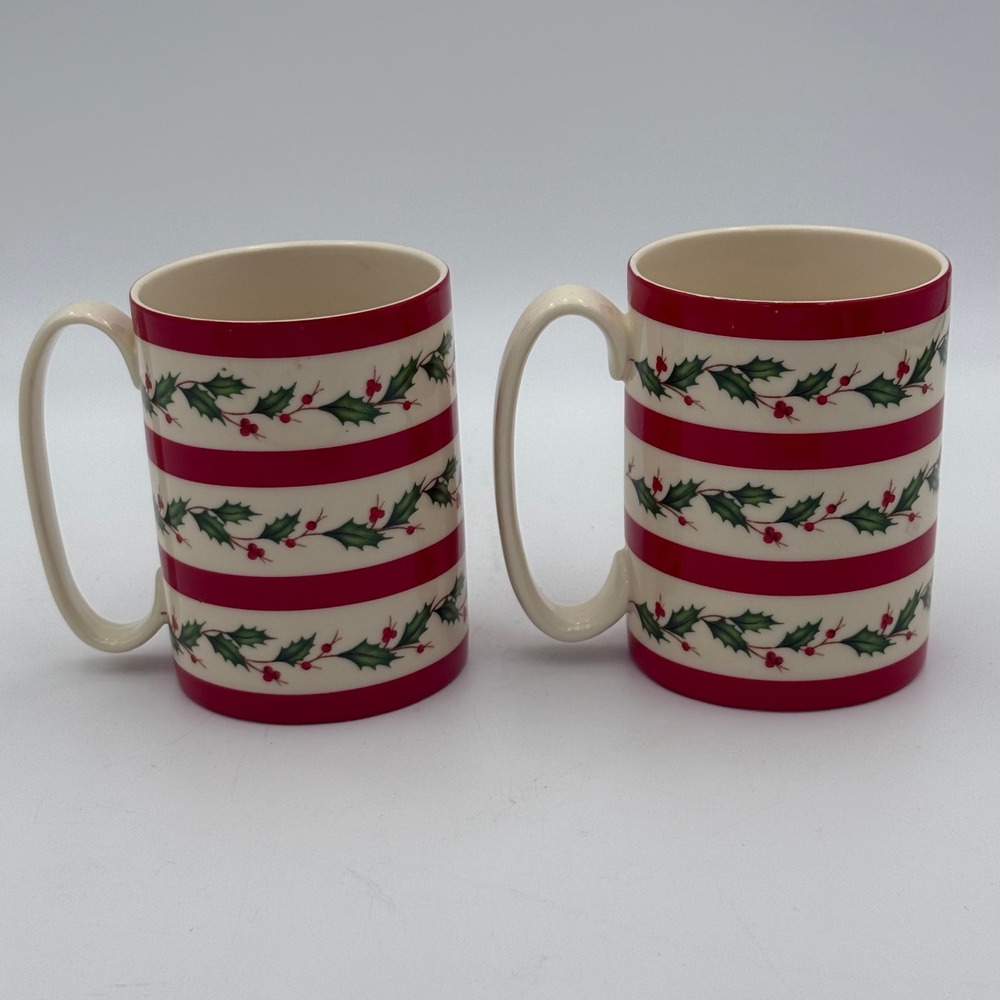 Lenox Holiday Striped Holly Berry Mugs Set of 2 Christmas Coffee Cups Ivory Red